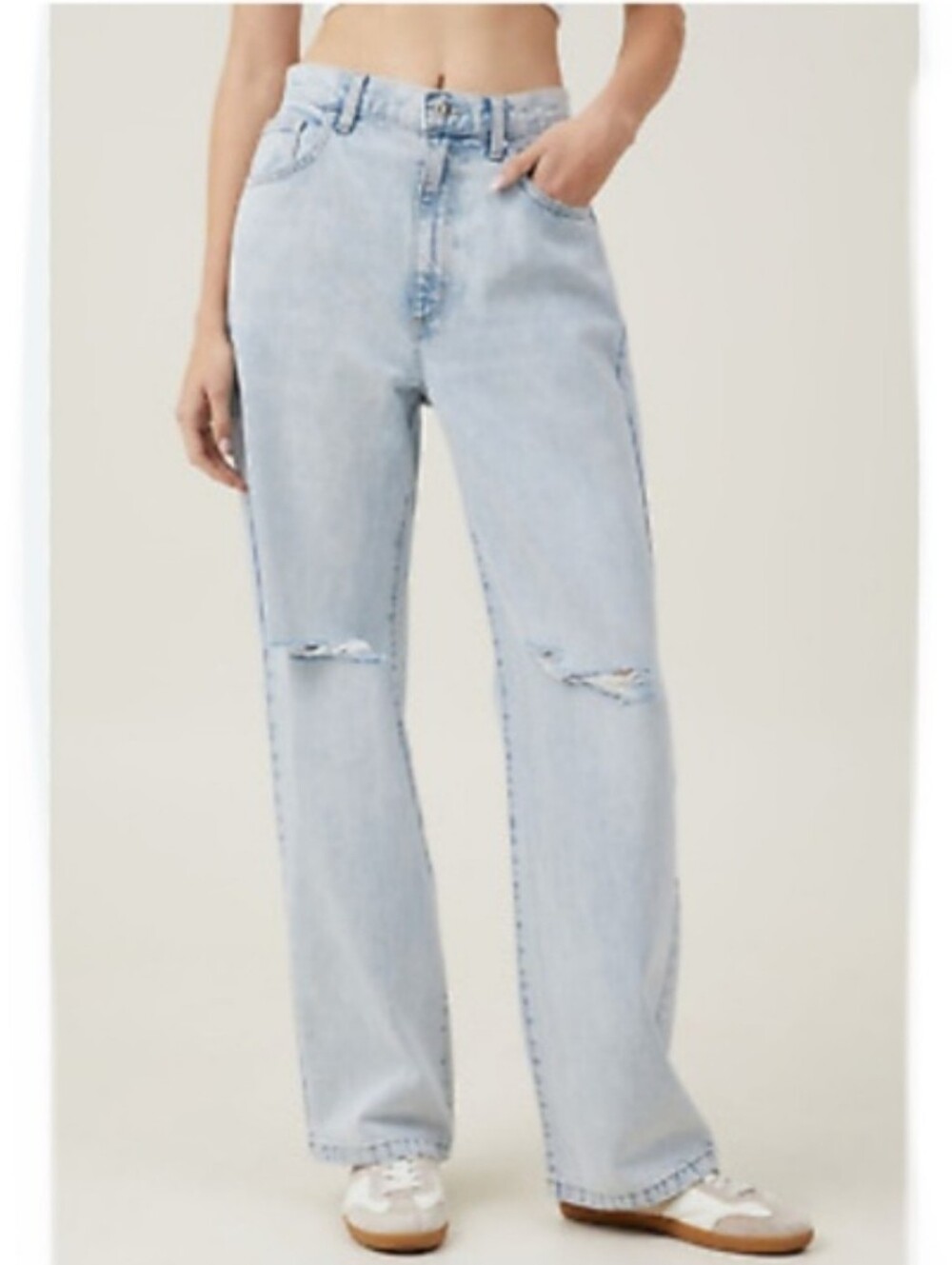 Cotton On Light Blue Long Straight Leg Jeans with Distressed Knee Rips Size 4